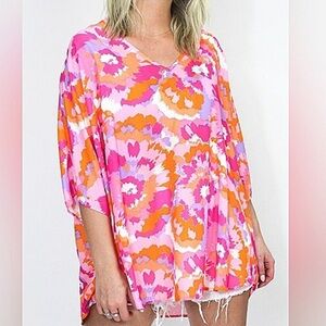 ADRIENNE Tie Dye V-Neck Dolman Sleeve Oversized Multicolor Tunic Top EUC